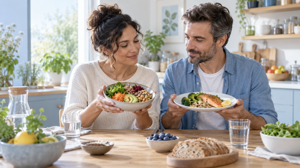 Couple préparant un repas avec salades, légumes, pois chiches, céréales, pain complet, myrtilles et verres d’eau en cuisine