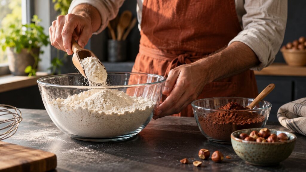 Photo éditoriale horizontale en cuisine, cadrée sur le buste et les mains d’une personne en tablier brun qui verse une cuillerée de farine dans un grand saladier en verre. Un bol de cacao, des noisettes et des ustensiles de pâtisserie complètent la composition sur un plan de travail sombre. Lumière naturelle latérale, profondeur de champ douce et palette chaude de brun, crème, verre et bois.