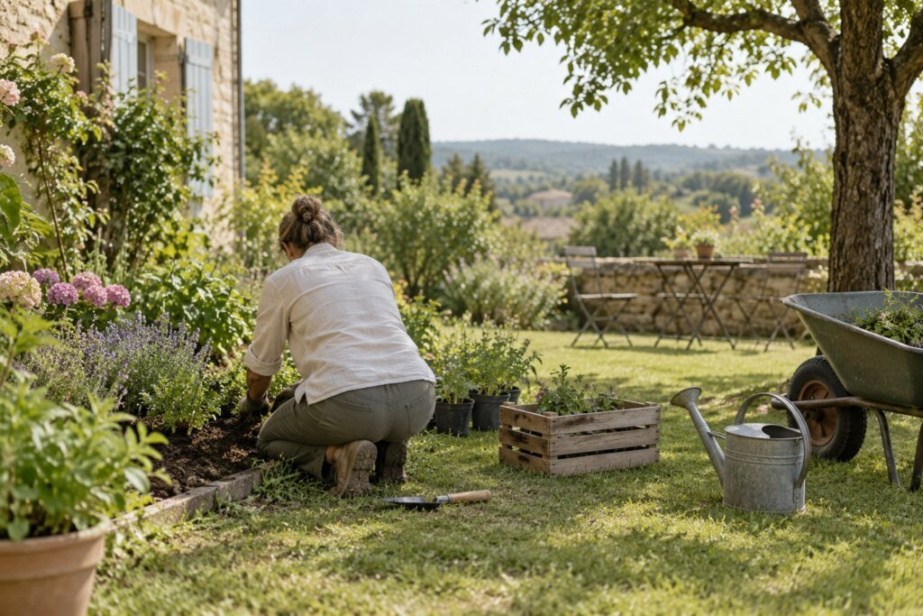 Adulte jardine près de plantations dans un jardin.