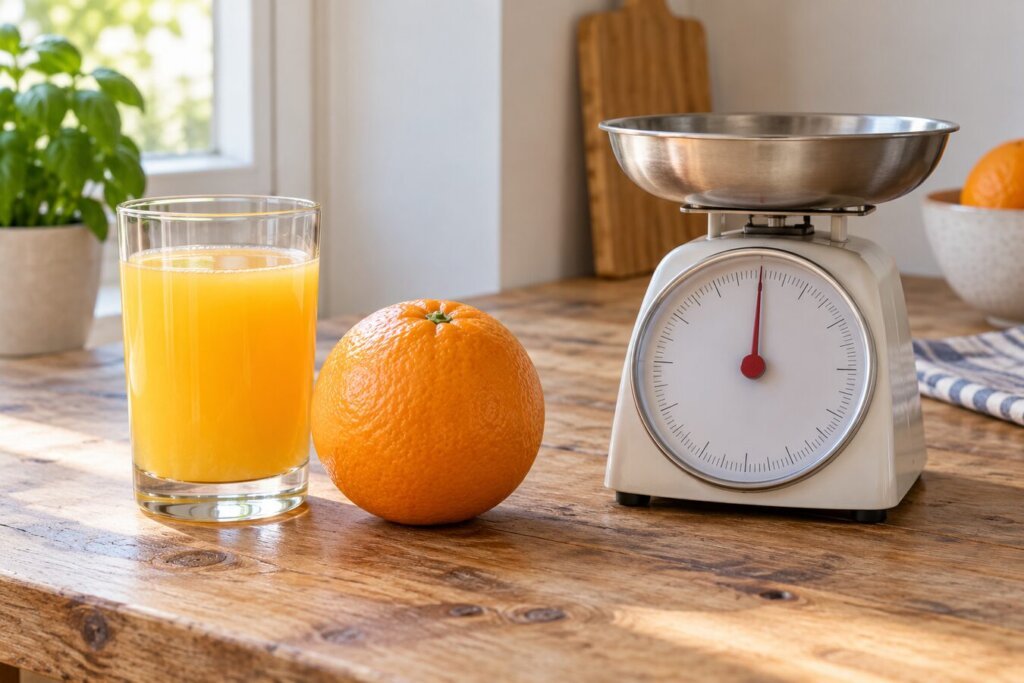 Verre de jus d'orange posé près d'une orange entière et d'une balance de cuisine