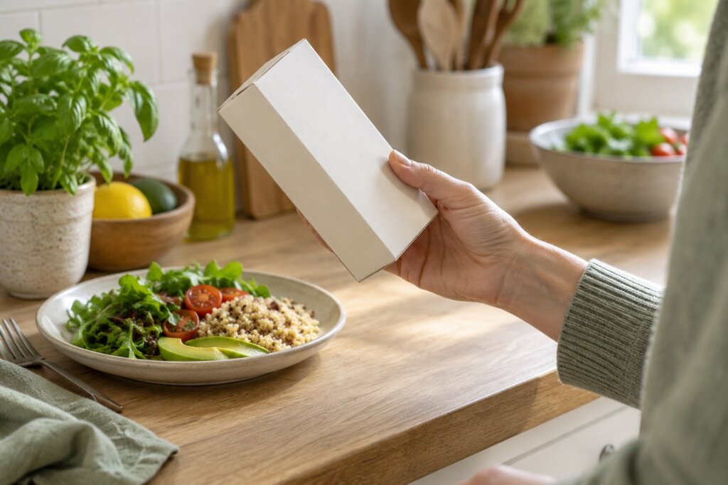 Lecture de la ligne énergie d’une étiquette alimentaire, avec les valeurs en kJ et kcal pour 100 g et par portion