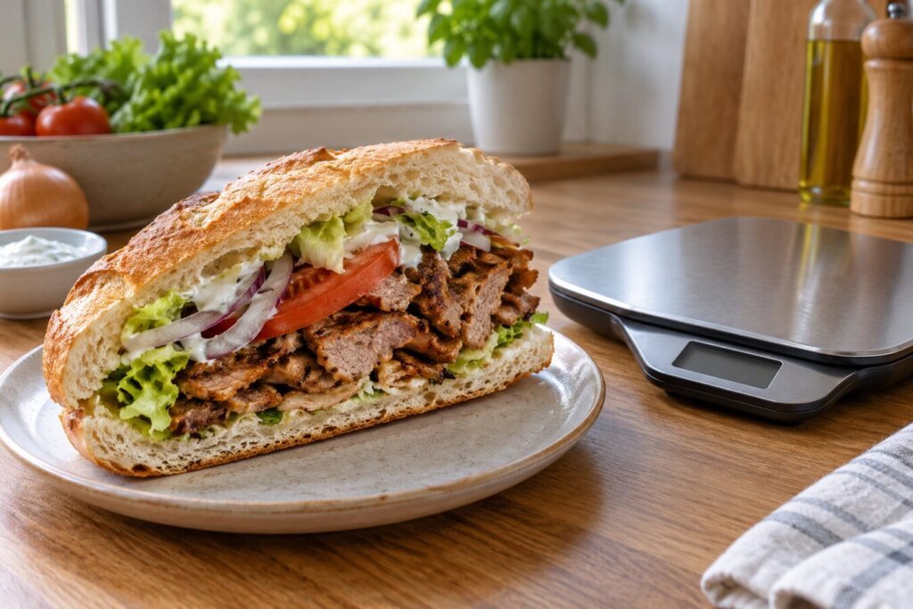 Baguette kebab coupée, viande grillée, tomate, oignon et salade, posée près d'une balance