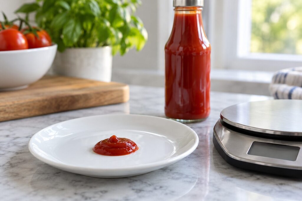 Noisette de ketchup dans une assiette blanche, flacon fermé en arrière-plan
