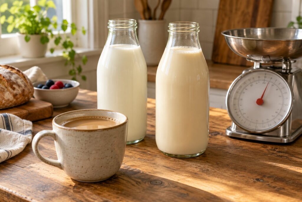 Tasse de café au lait à côté de deux bouteilles de lait sur une table en bois