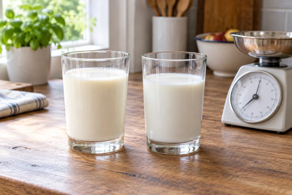 Deux verres de lait, entier et demi-écrémé, sur une table de cuisine près d'une balance