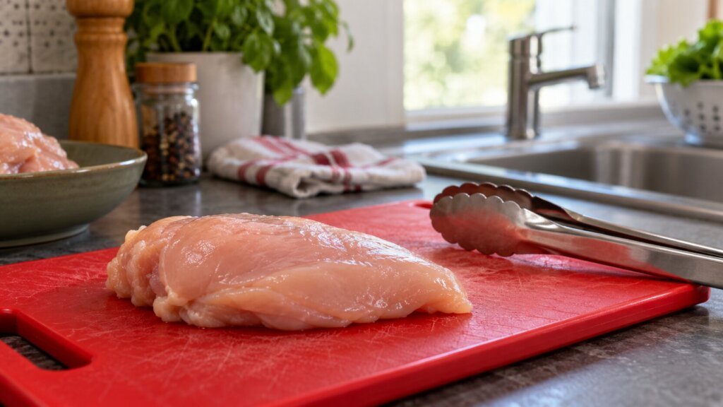 Photo éditoriale horizontale en gros plan dans une cuisine lumineuse : des filets de poulet crus reposent sur une planche à découper rouge, avec une pince métallique posée à proximité. Un bol contenant une autre pièce de viande, un évier, un torchon, un moulin à poivre, une plante aromatique et une fenêtre complètent naturellement l’arrière-plan. Palette dominée par le rouge, le rose pâle, l’inox, le bois et le vert ; profondeur de champ douce, objets plausibles, aucun texte ni logo visible.