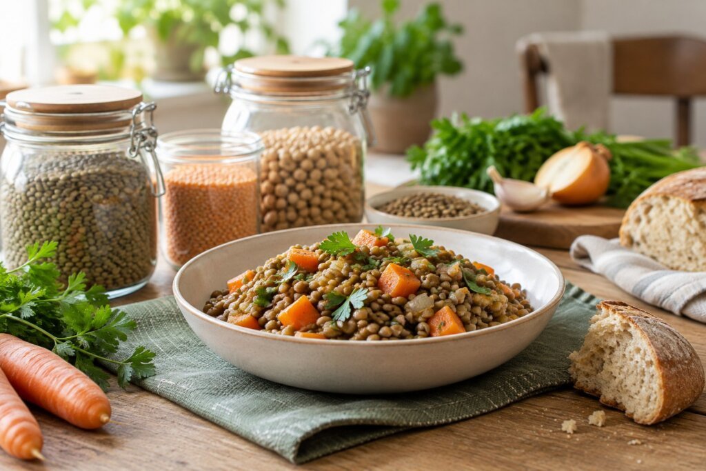 Lentilles, pois chiches et haricots secs avec une boîte de conserve pour comparer un repas économique