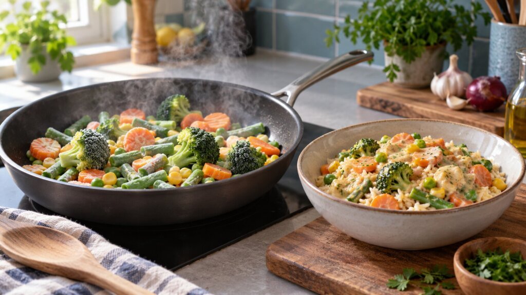 Photo éditoriale horizontale dans une cuisine lumineuse. Une grande poêle contient un mélange de légumes en cours de cuisson, avec vapeur visible, tandis qu’un bol posé sur une planche en bois présente un plat complet de céréales, légumes et sauce. Une cuillère en bois, un torchon, des herbes, de l’ail, un oignon et une bouteille d’huile complètent la composition. Palette chaleureuse mêlant bois, vert, orange, crème et gris, avec une profondeur de champ douce.