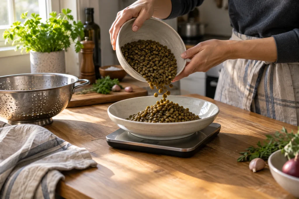 Lentilles vertes cuites égouttées versées dans une assiette sur une balance de cuisine