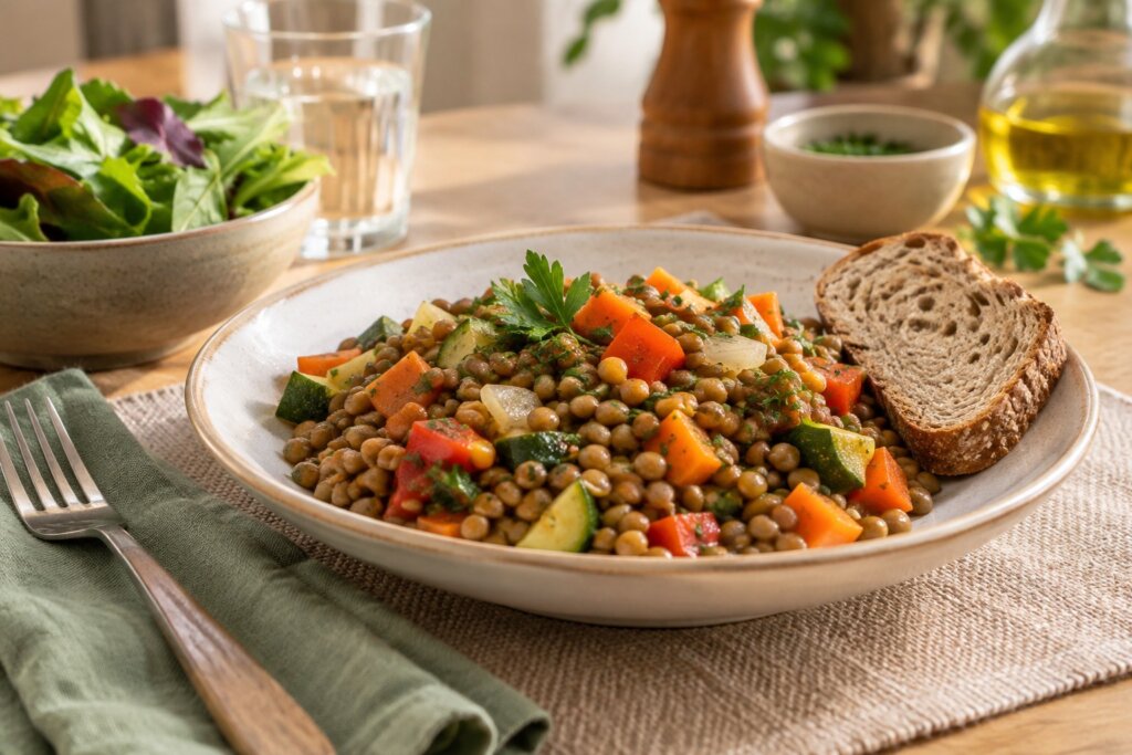 Assiette de lentilles vertes avec des carottes rôties et des jeunes pousses pour le dîner