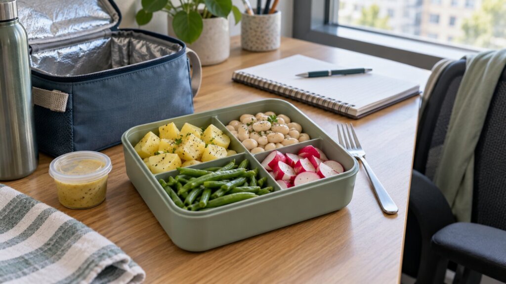 Photo éditoriale horizontale dans un bureau lumineux : une lunchbox compartimentée ouverte, remplie de pommes de terre, haricots blancs, haricots verts et radis, est posée sur un bureau en bois. Un petit pot de sauce, une gourde, un sac isotherme ouvert, une fourchette et un carnet vierge complètent la composition. Une plante et une grande fenêtre donnant sur des immeubles apparaissent en arrière-plan. Lumière naturelle, palette bois, vert, bleu-gris et rose, objets plausibles et cadrage d’ambiance adapté au déjeuner au bureau.
