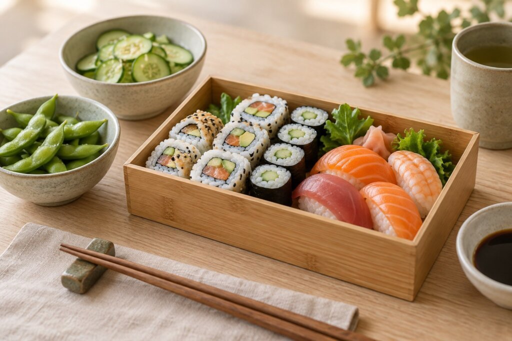 Menu de sushi avec makis, nigiris, crudités et edamame pour un déjeuner équilibré