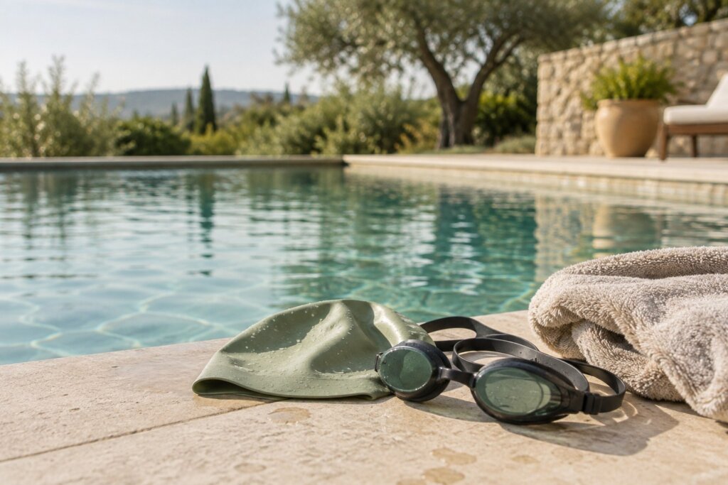 Bonnet, lunettes et serviette de natation au bord d’une piscine.
