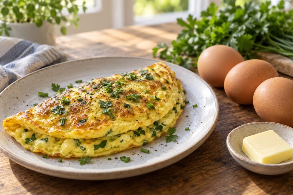 Omelette dorée aux herbes dans une assiette, trois œufs et une noix de beurre posés à côté