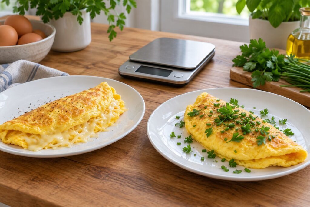 Omelette au fromage et omelette aux fines herbes côte à côte dans deux assiettes