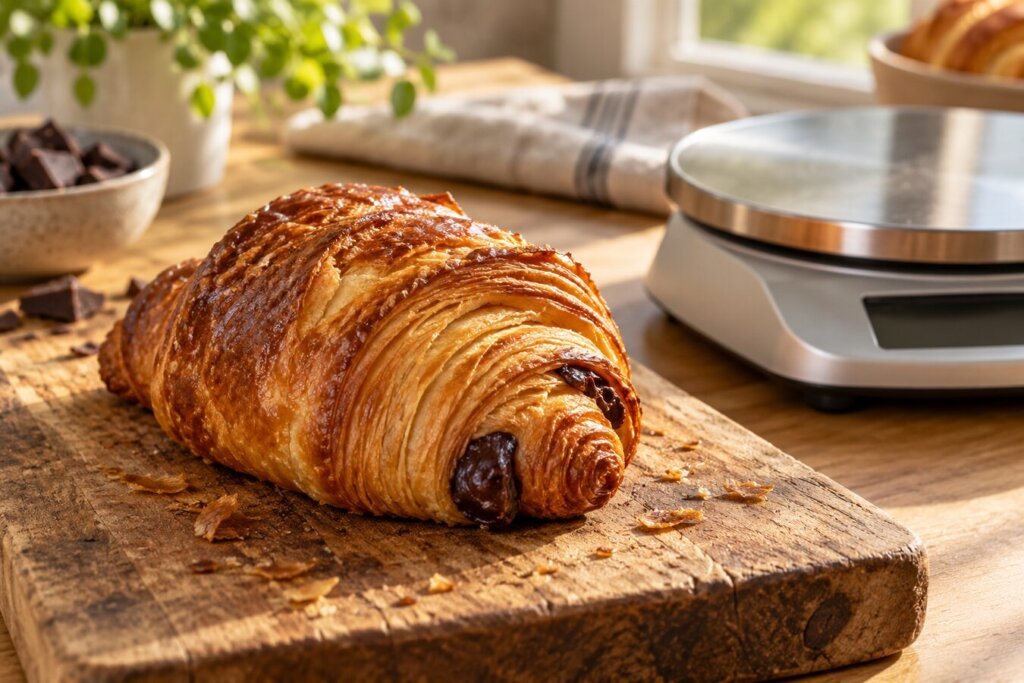 Pain au chocolat feuilleté artisanal sur une planche en bois, vue rapprochée