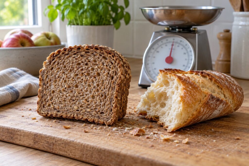 Tranche de pain à la mie foncée et morceau de baguette à côté d'une balance de cuisine
