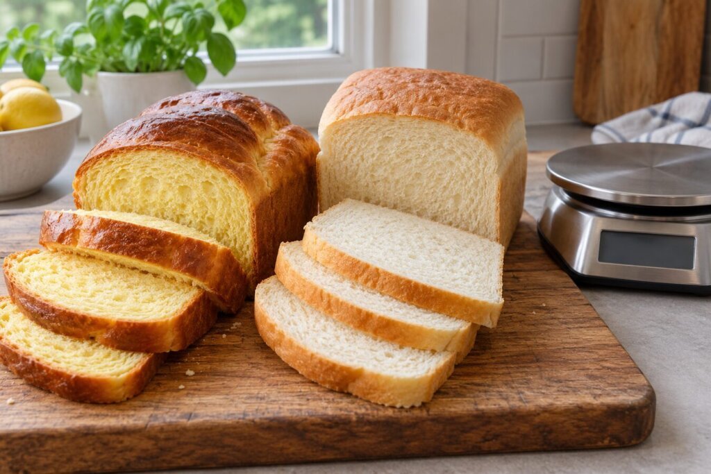 Tranches de pain de mie brioché et de pain de mie courant posées côte à côte