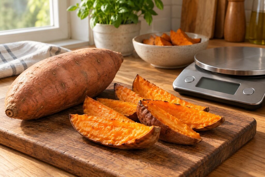 Patate douce crue entière à côté de morceaux cuits sur une planche