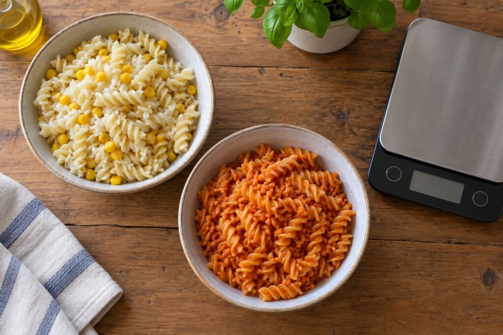 Deux bols de pâtes sans gluten cuites, riz et maïs d'un côté, lentilles corail de l'autre