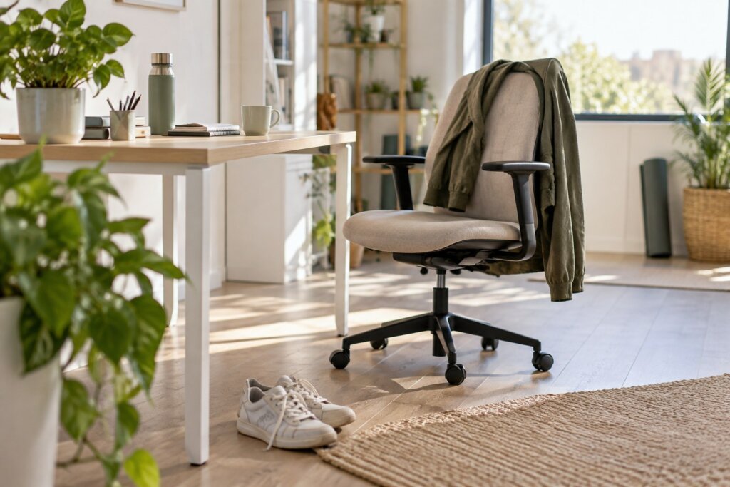 Bureau lumineux et chaussures de marche près d’une chaise.