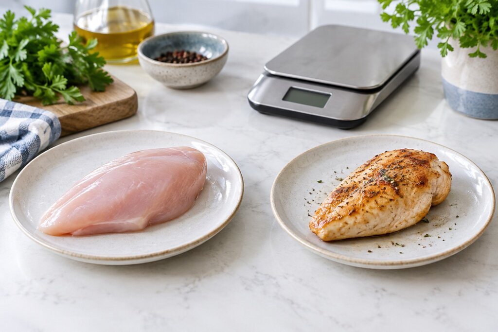 Filet de poulet cru et filet cuit dans deux assiettes séparées, avec une balance de cuisine.