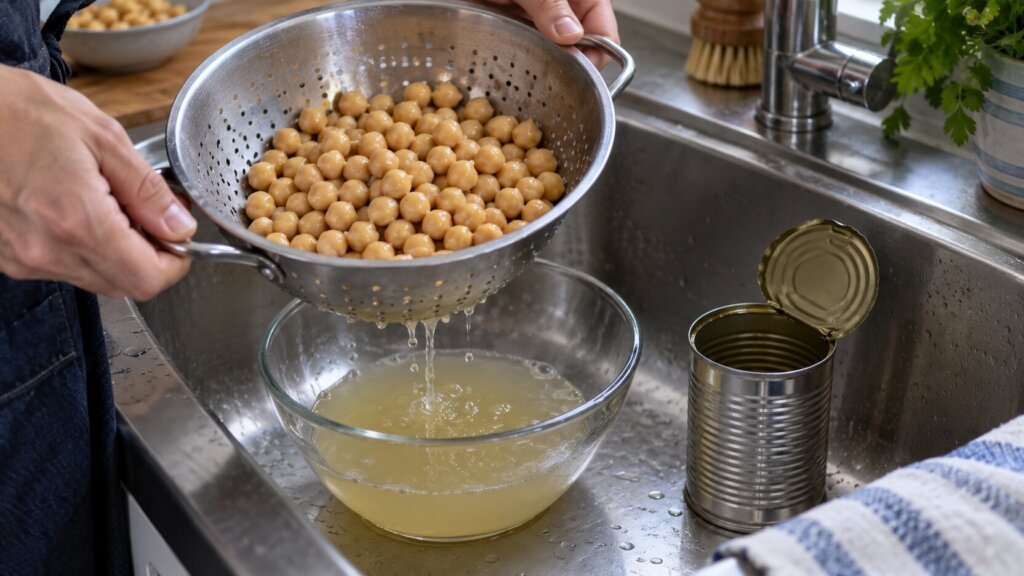 Photo éditoriale horizontale rapprochée dans une cuisine : une personne tient une passoire remplie de pois chiches au-dessus d’un saladier en verre recueillant le liquide, tandis qu’une boîte de conserve ouverte est posée dans l’évier. Un robinet, une brosse, un torchon et une plante aromatique complètent naturellement la scène. Lumière naturelle, geste plausible et palette dominée par l’inox, le beige, le verre et le vert.