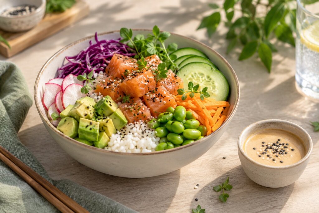 Poke bowl avec riz, source de protéines et légumes variés, accompagné d’un petit récipient de sauce séparé