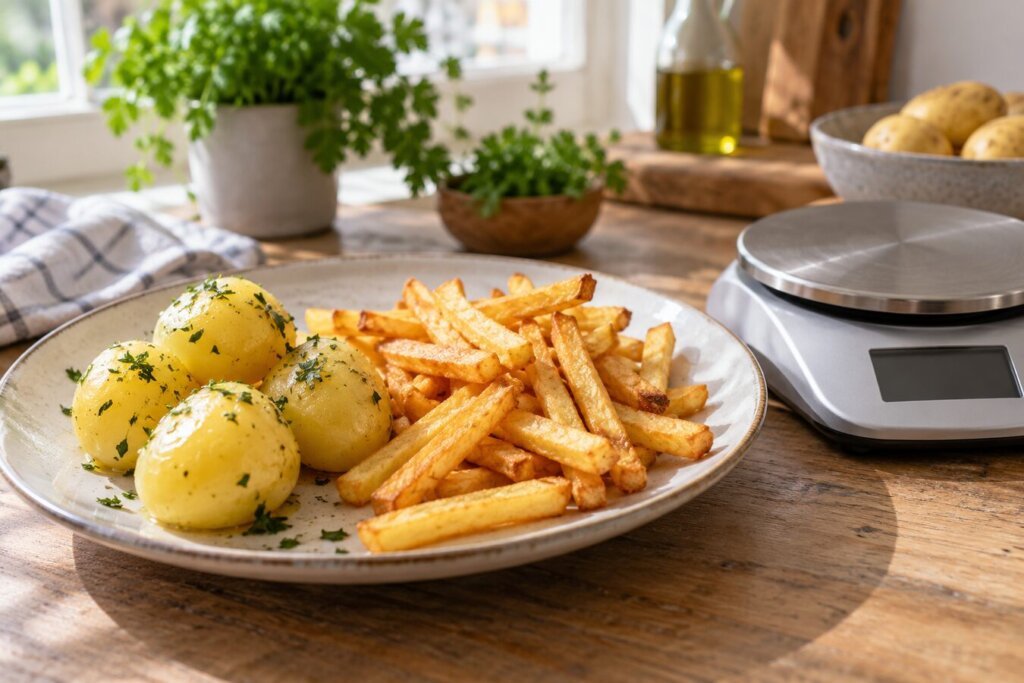Pommes de terre bouillies à côté de frites dorées dans une assiette