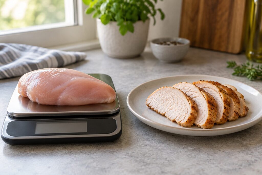 Blanc de poulet cru sur une balance et dinde rôtie dans l'assiette