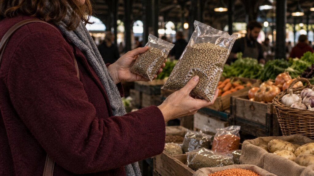 Photo éditoriale horizontale dans un marché couvert, montrant une personne en manteau bordeaux et écharpe grise tenant deux sachets transparents de lentilles de tailles différentes, comme pour les comparer. Des étals de légumes, des cagettes en bois, des pommes de terre, des carottes, des oignons et d’autres légumineuses complètent naturellement la scène. La profondeur de champ est douce, la lumière intérieure chaleureuse et la palette dominée par les tons bordeaux, bruns, verts et ocres. Aucun texte incrusté, logo ou objet impossible n’est visible.