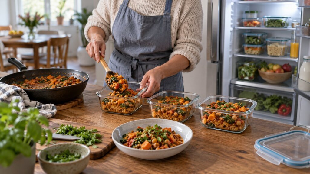 Photo éditoriale horizontale dans une cuisine lumineuse : une personne en pull beige et tablier gris répartit un plat de légumes, pois chiches et céréales depuis une grande poêle dans plusieurs boîtes en verre. Un réfrigérateur ouvert, contenant d’autres préparations, occupe l’arrière-plan. Une assiette servie, une planche avec des herbes, un couteau, un couvercle et des ustensiles complètent naturellement la scène. Lumière douce, palette chaleureuse de bois, orange, vert, gris et verre ; gestes et objets plausibles.