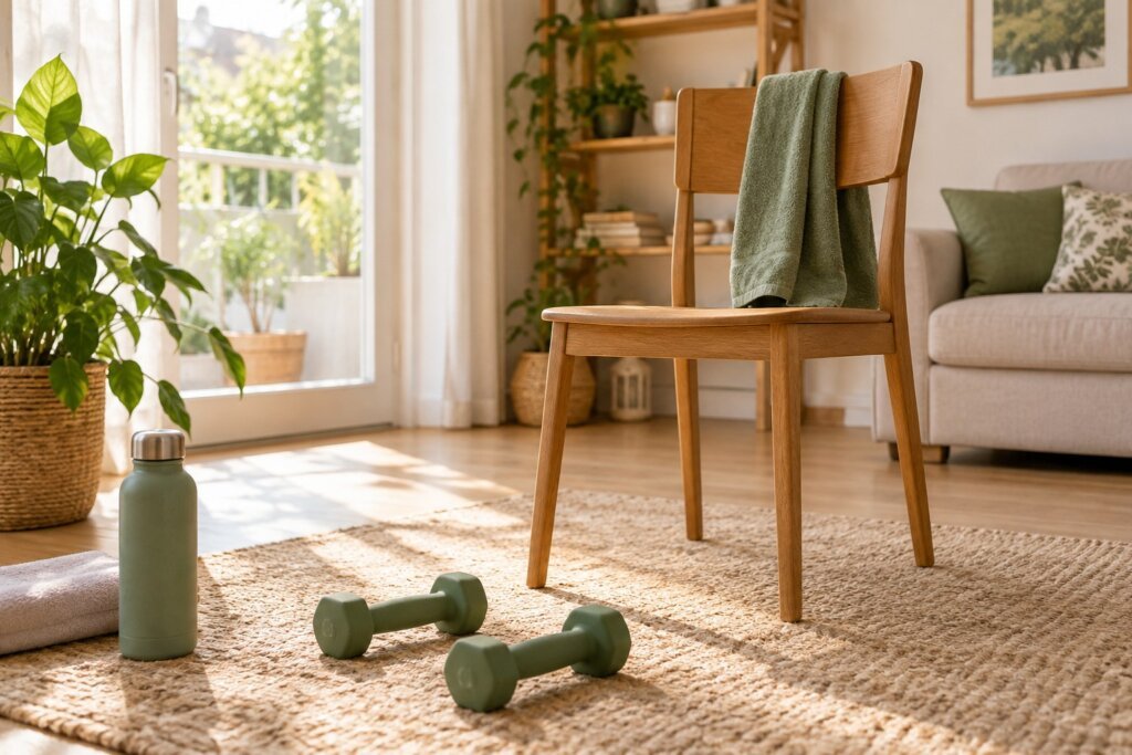Haltères légers et chaise stable dans une pièce dégagée.