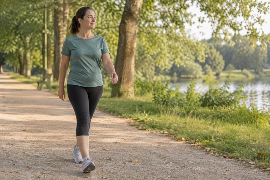 Adulte marchant sur une allée arborée pour reprendre une activité.