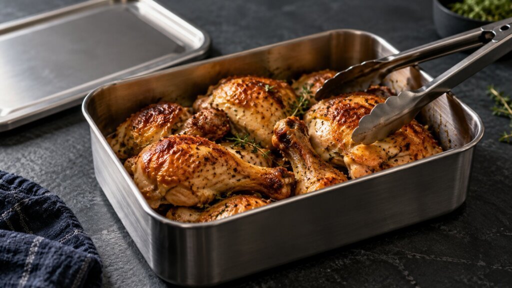 Photo éditoriale horizontale en gros plan sur un plat rectangulaire métallique rempli de morceaux de poulet rôti dorés, posé sur un plan de travail sombre. Une pince de cuisine repose sur les morceaux, tandis qu’un couvercle métallique ouvert, un torchon bleu marine et quelques herbes aromatiques complètent naturellement la scène. La lumière latérale met en valeur la texture croustillante du poulet, avec une palette dominée par l’inox, le brun doré, le gris anthracite et le bleu profond. L’ensemble est réaliste, appétissant et cohérent avec la conservation de restes cuits.