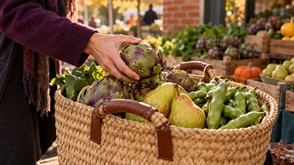 Photo éditoriale horizontale en extérieur sur un marché de producteurs, cadrée en gros plan sur un grand panier en osier rempli d’artichauts, de poires, de fèves et de légumes feuillus. Une personne en pull prune saisit un artichaut, tandis que des cagettes de légumes, des courges et un étal animé apparaissent en arrière-plan avec une profondeur de champ douce. La lumière chaude de fin de journée, la palette de verts, violets, jaunes et bruns et le geste naturel créent une ambiance authentique autour des aliments riches en fibres. Aucun texte, logo ou objet impossible n’est visible.