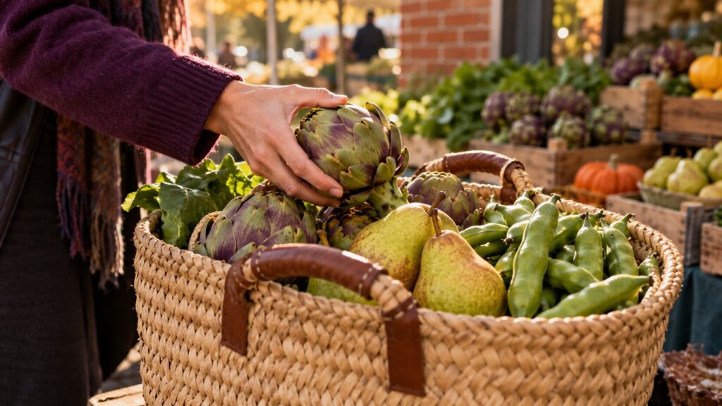 Photo éditoriale horizontale en extérieur sur un marché de producteurs, cadrée en gros plan sur un grand panier en osier rempli d’artichauts, de poires, de fèves et de légumes feuillus. Une personne en pull prune saisit un artichaut, tandis que des cagettes de légumes, des courges et un étal animé apparaissent en arrière-plan avec une profondeur de champ douce. La lumière chaude de fin de journée, la palette de verts, violets, jaunes et bruns et le geste naturel créent une ambiance authentique autour des aliments riches en fibres. Aucun texte, logo ou objet impossible n’est visible.