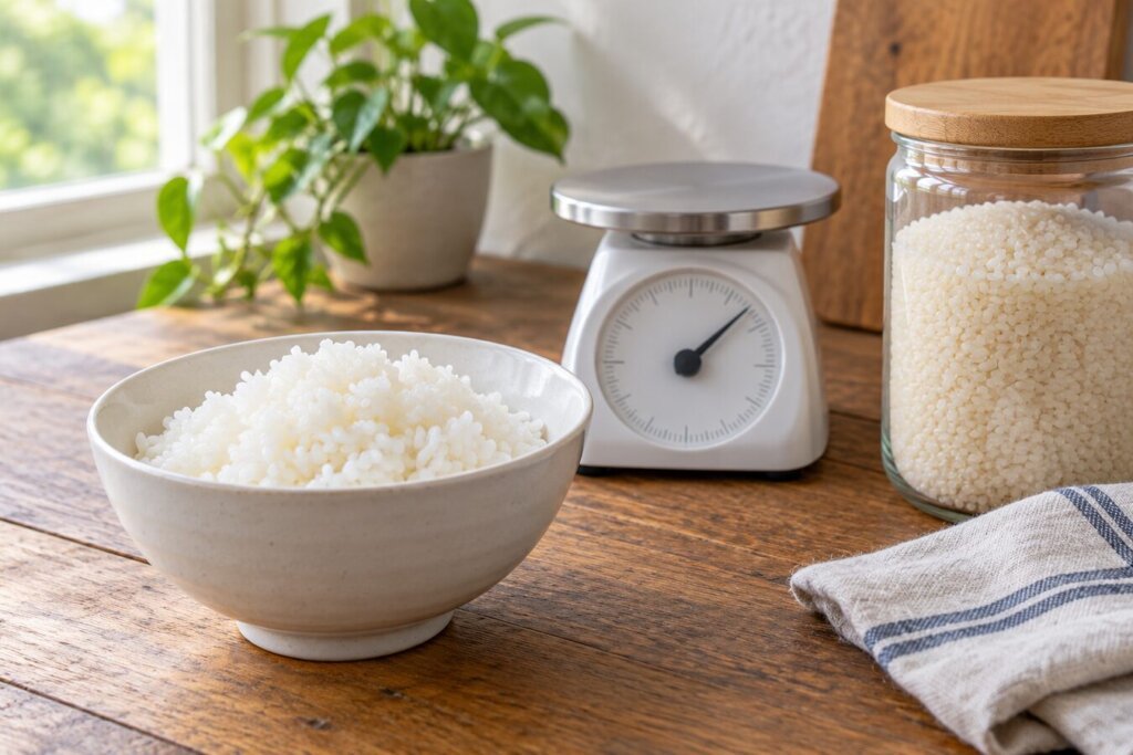 Bol de riz blanc cuit à côté d'une balance de cuisine, lumière du jour