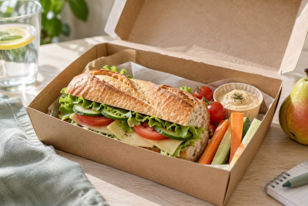 Sandwich baguette garni de poulet, de tomates et de salade, avec des crudités à côté