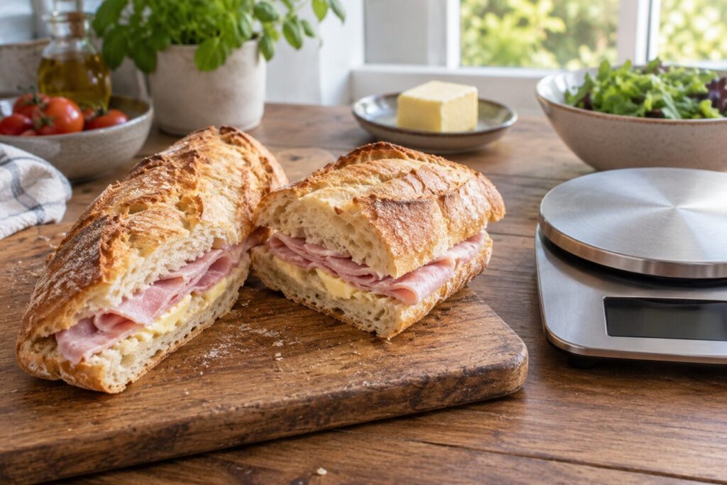 Sandwich baguette au jambon et au beurre, coupé en deux sur une planche en bois