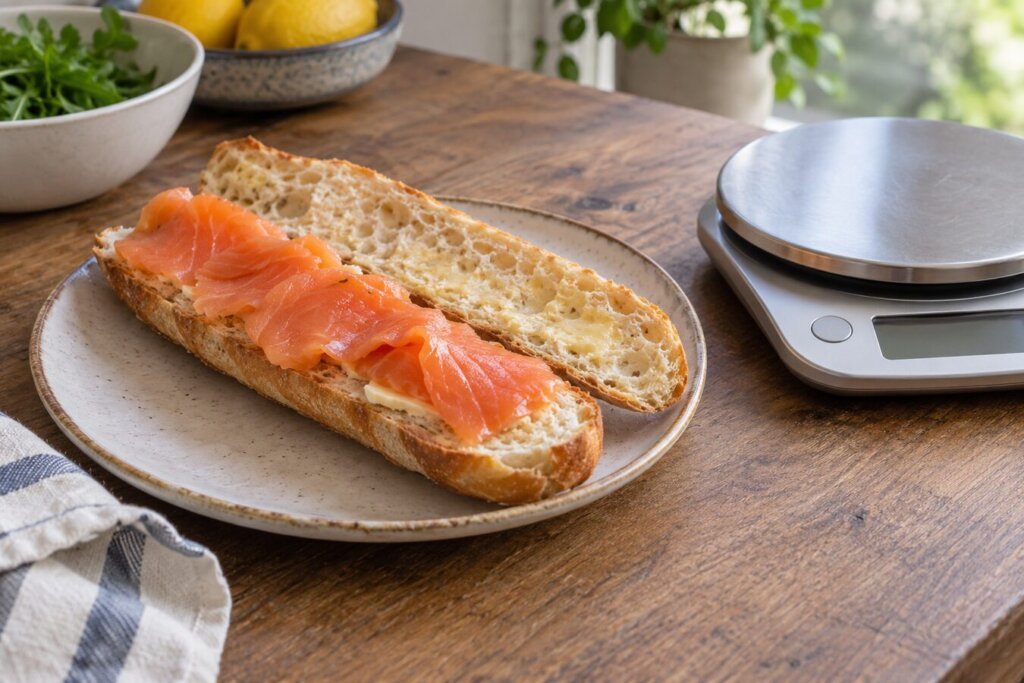 Sandwich baguette au saumon fumé et beurre dans une assiette