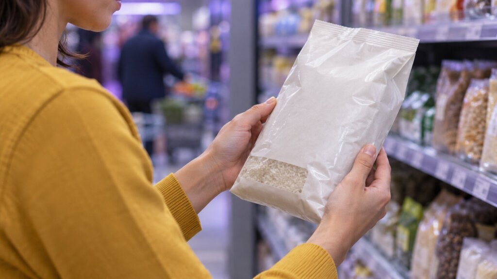 Photo éditoriale horizontale en plan rapproché dans un rayon de magasin : une personne en pull jaune moutarde tient à deux mains un sachet blanc doté d’une fenêtre transparente laissant voir du riz, comme pour en examiner l’emballage. Le visage est partiellement cadré ; les rayonnages et une autre personne restent flous en arrière-plan. Geste plausible, mains naturelles, composition claire et palette mêlant jaune moutarde, blanc et nuances froides légèrement violettes.