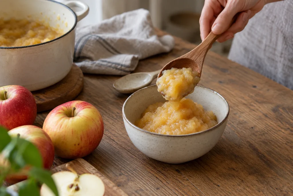 Une main sert de la purée de pomme dans un bol posé sur une balance de cuisine, à côté de pommes entières.