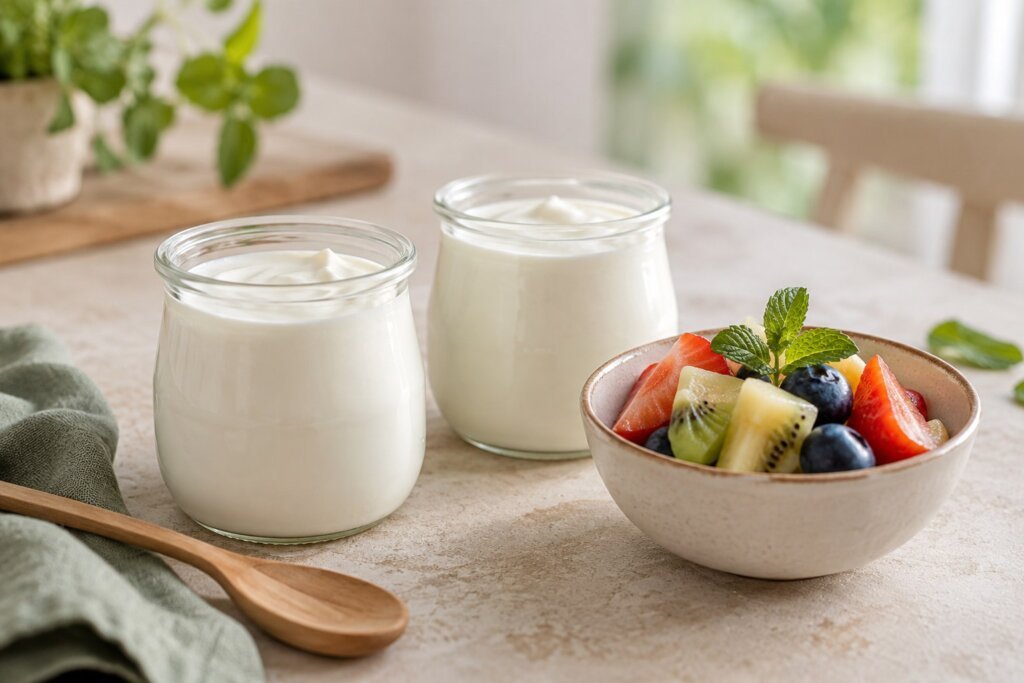 Deux pots fictifs de skyr et de yaourt à la grecque comparés selon leur masse, leurs protéines et leurs lipides