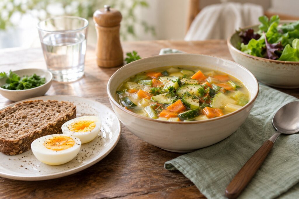 Bol de soupe de légumes accompagné de pain et d’un œuf pour illustrer un dîner à compléter selon ses ingrédients