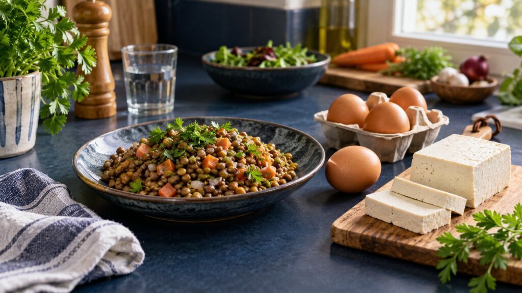 Nature morte éditoriale horizontale dans une cuisine lumineuse : un plat de lentilles aux légumes et aux herbes occupe le premier plan, tandis que des œufs dans une boîte en carton et un bloc de tofu tranché sur une planche en bois structurent l’arrière-plan et le côté droit. Un saladier de verdure, des carottes, des aromates, un verre d’eau et un moulin à poivre complètent naturellement la composition. Lumière naturelle latérale, palette contrastée de bleu profond, vert, orange, brun et crème, avec une profondeur de champ douce.