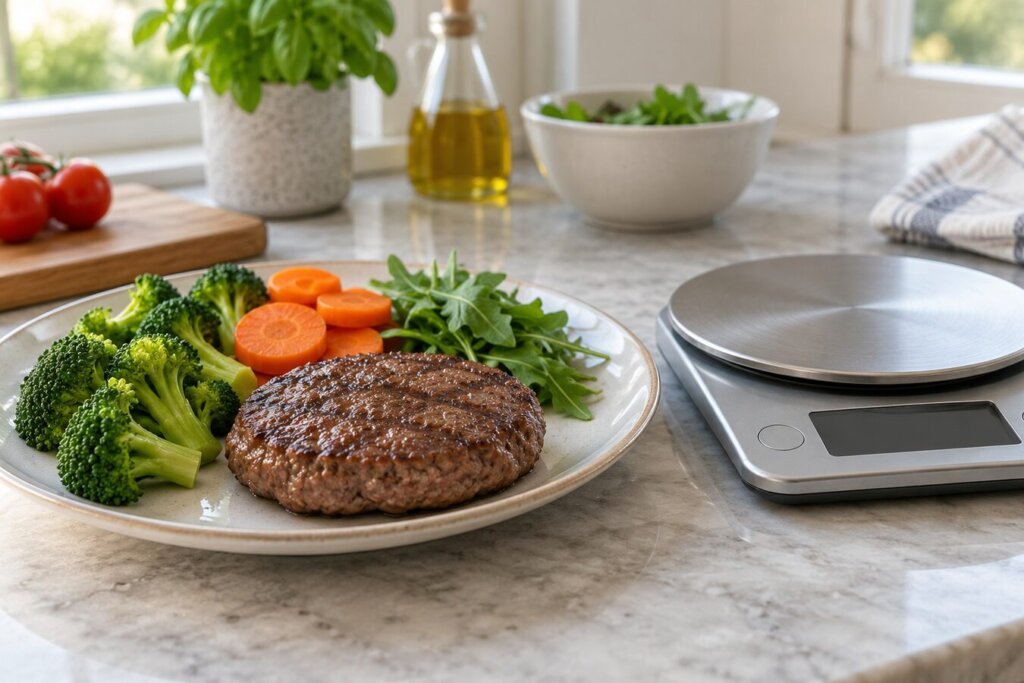 Steak haché maigre cuit dans une assiette, à côté de légumes