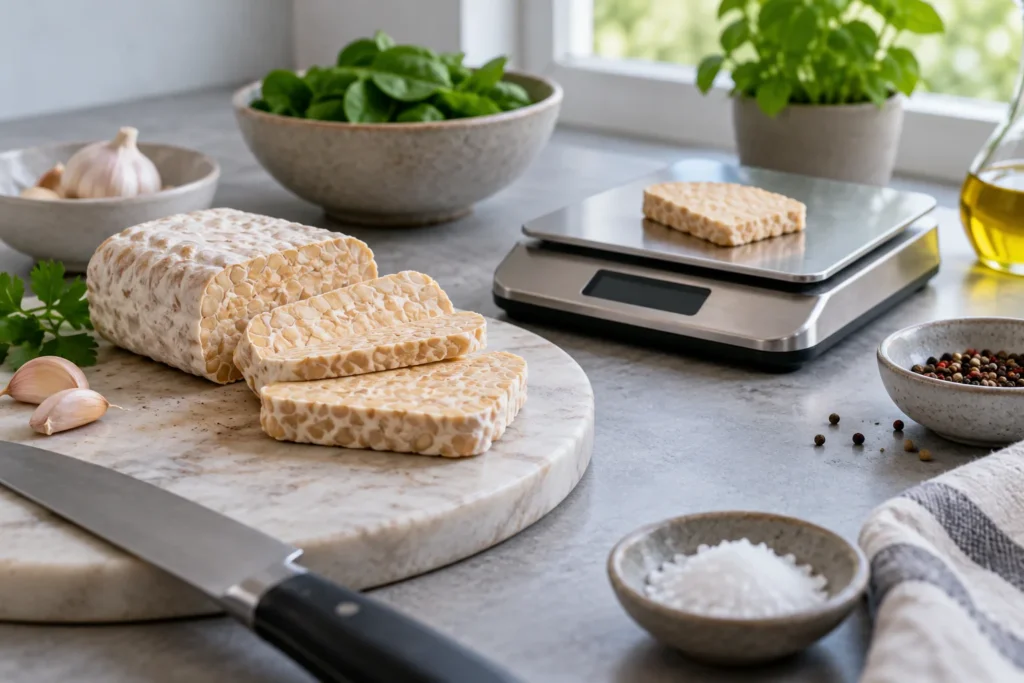 Tranches de tempeh nature pesées sur une balance de cuisine pour calculer les calories selon le poids consommé
