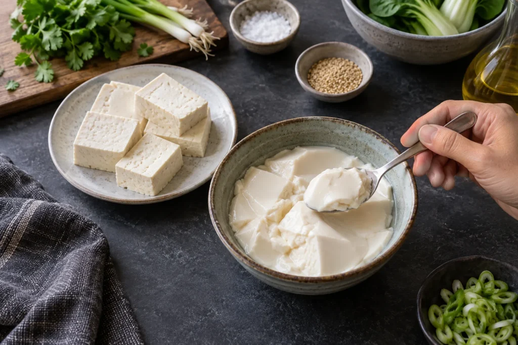 Une main prélève du tofu soyeux à la cuillère, près de morceaux de tofu ferme et d’une balance de cuisine.