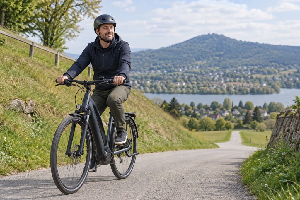 Cycliste sur un vélo électrique avec un niveau d’assistance affiché